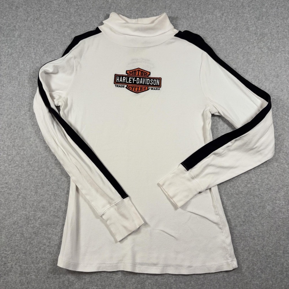 Harley-Davidson Shirt Womens XL White Mock Neck Long Sleeve Stripe Graphic Logo